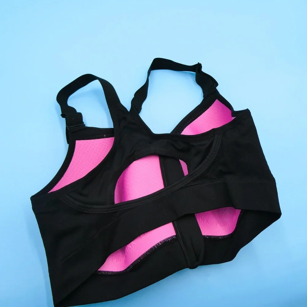Victoria's Secret PINK Sports Bra Womens Medium DD Zip‎ Front Black Nylon Blend